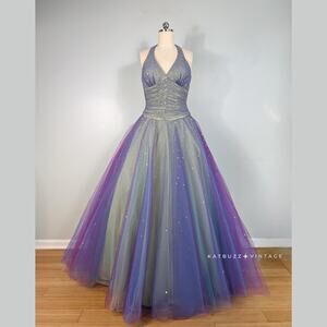 Vintage Mori Lee Prom Dress Maxi Ball Gown 12 Rainbow Fairy Princess Halter